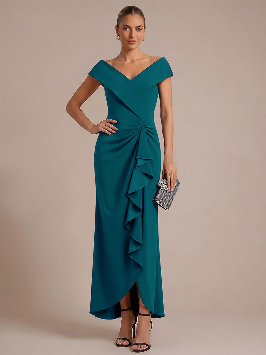 Slit Crepe Cap Sleeve Dress #color_Teal Blue