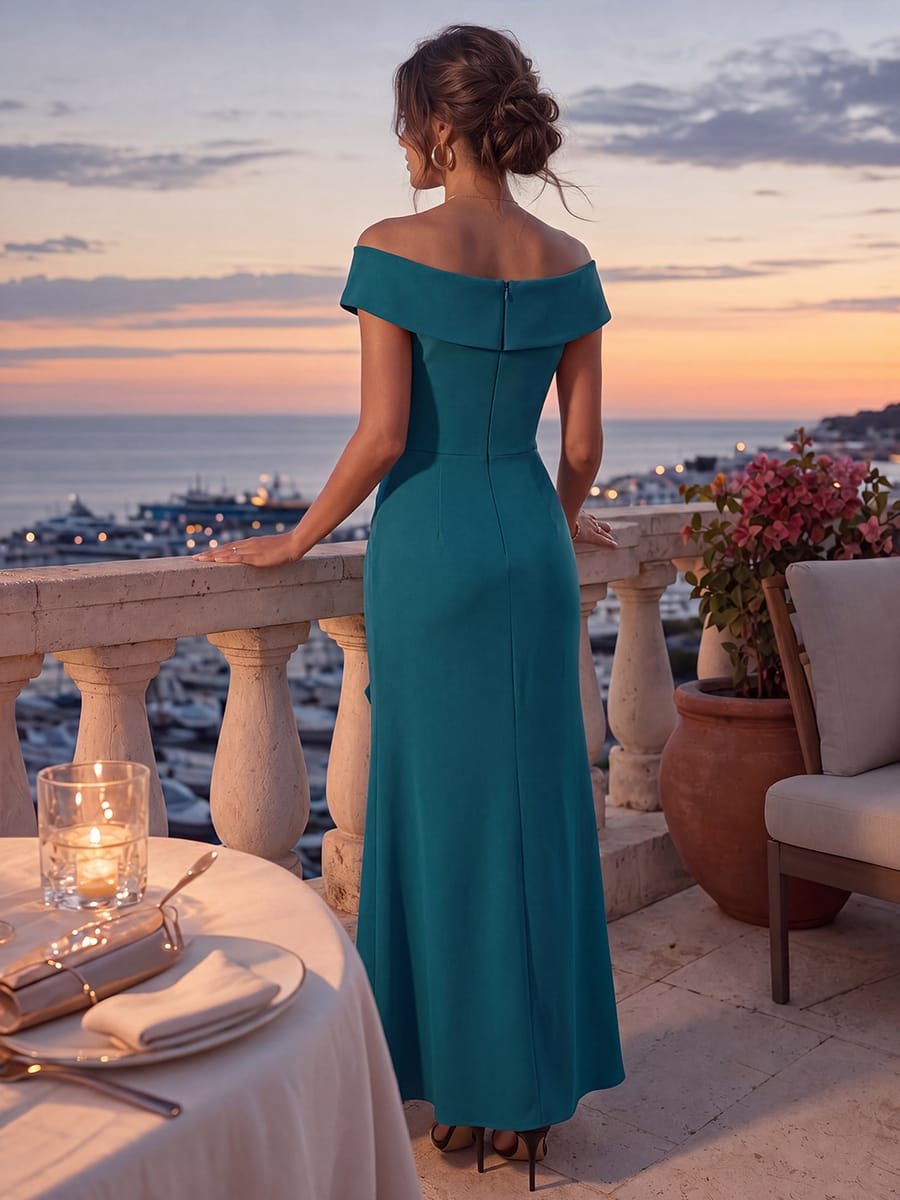 Slit Crepe Cap Sleeve Dress #color_Teal Blue