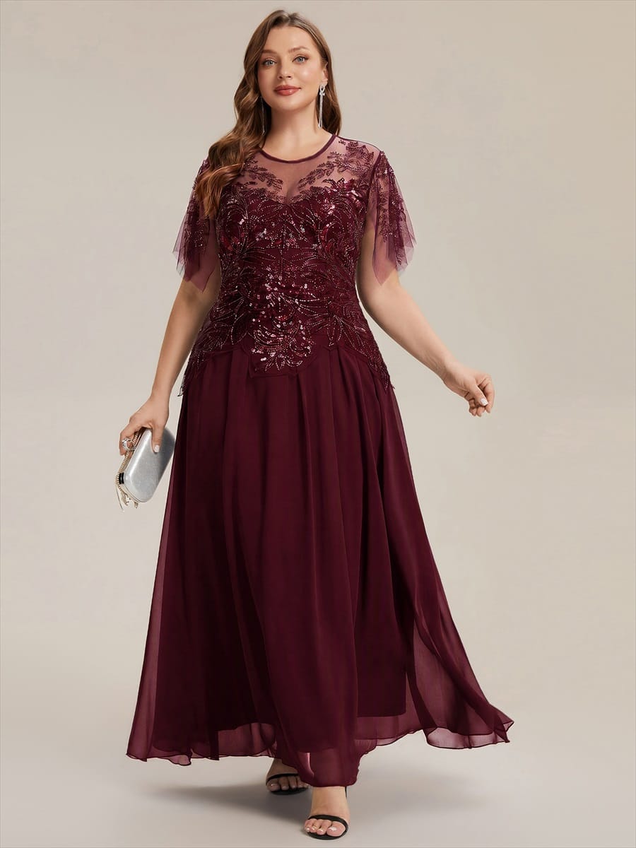 Embroidered Sequin Ruffle Sleeve Dress #color_Burgundy