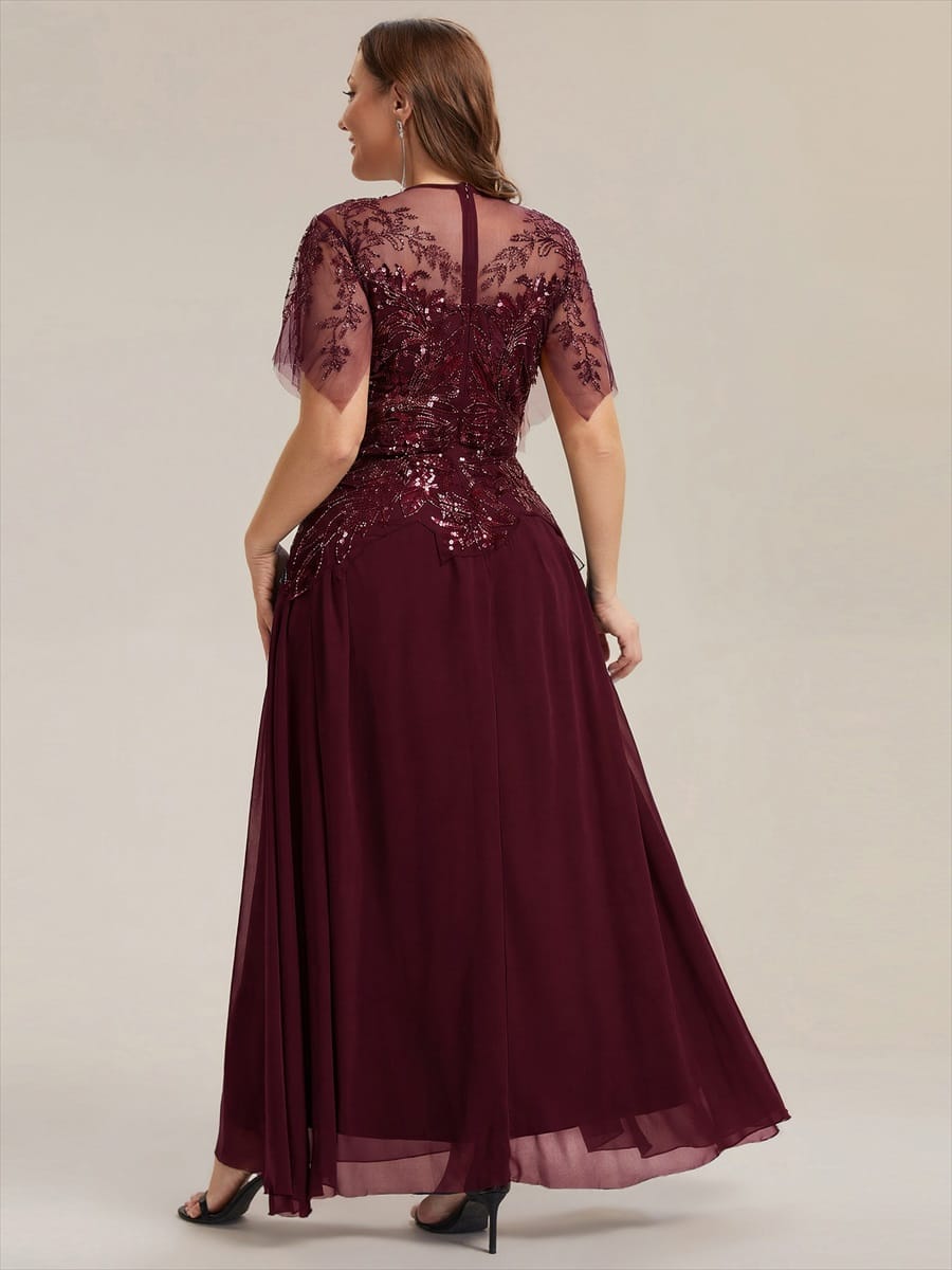 Embroidered Sequin Ruffle Sleeve Dress #color_Burgundy