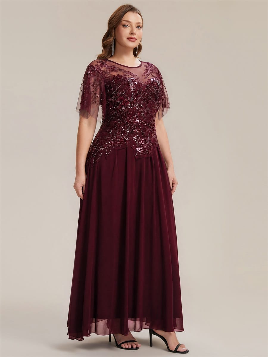 Embroidered Sequin Ruffle Sleeve Dress #color_Burgundy