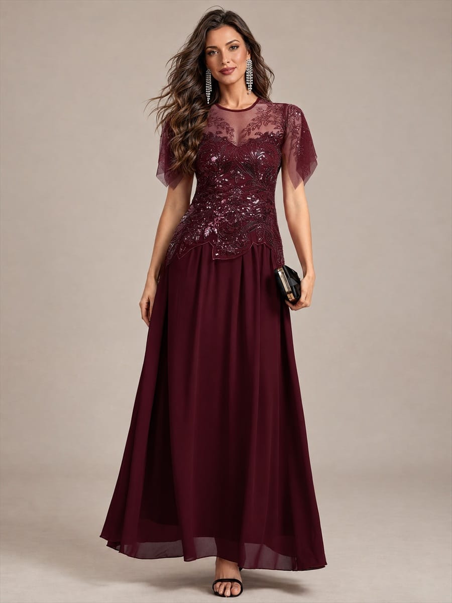 Embroidered Sequin Ruffle Sleeve Dress #color_Burgundy