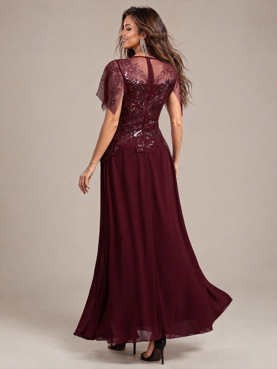Embroidered Sequin Ruffle Sleeve Dress #color_Burgundy