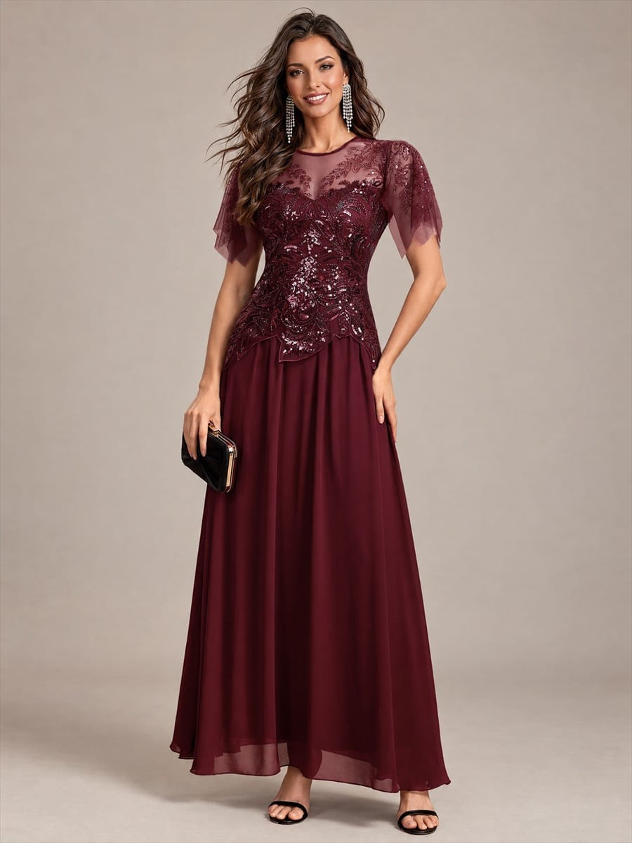 Embroidered Sequin Ruffle Sleeve Dress #color_Burgundy