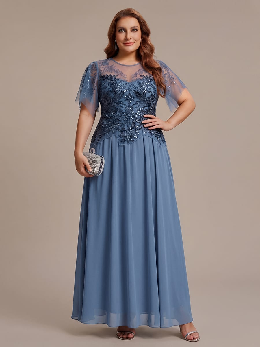 Embroidered Sequin Ruffle Sleeve Dress #color_Dusty Blue