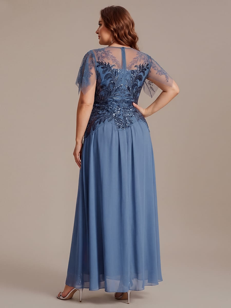 Embroidered Sequin Ruffle Sleeve Dress #color_Dusty Blue