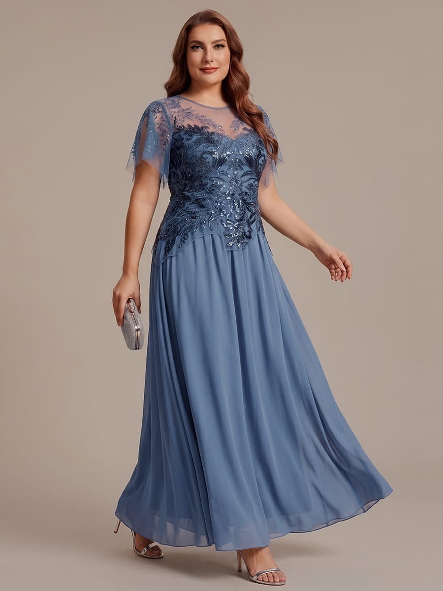 Embroidered Sequin Ruffle Sleeve Dress #color_Dusty Blue