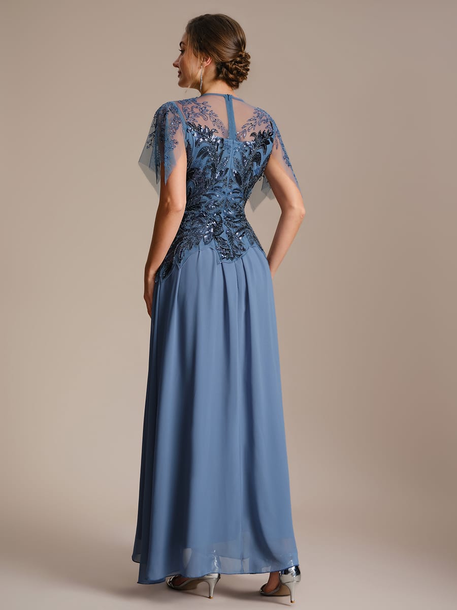 Embroidered Sequin Ruffle Sleeve Dress #color_Dusty Blue