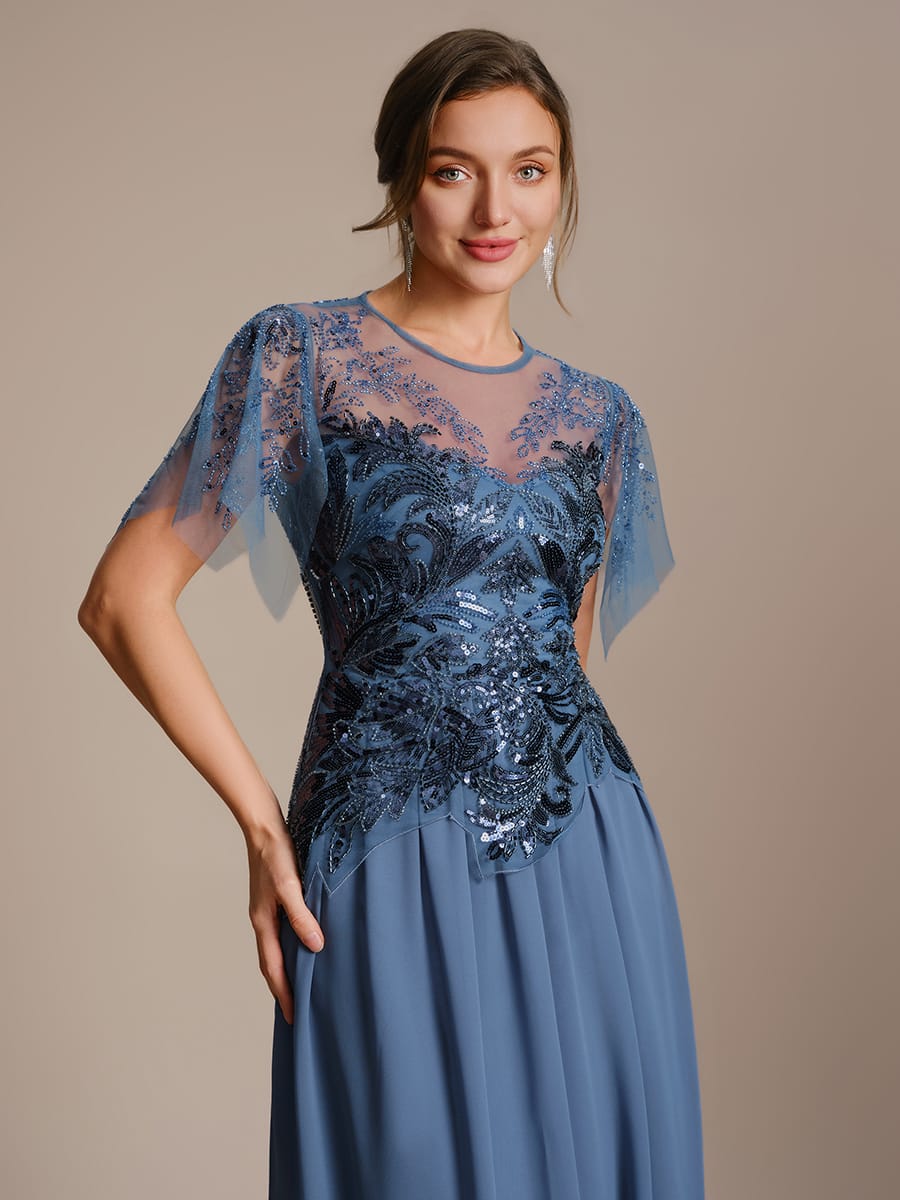 Embroidered Sequin Ruffle Sleeve Dress #color_Dusty Blue