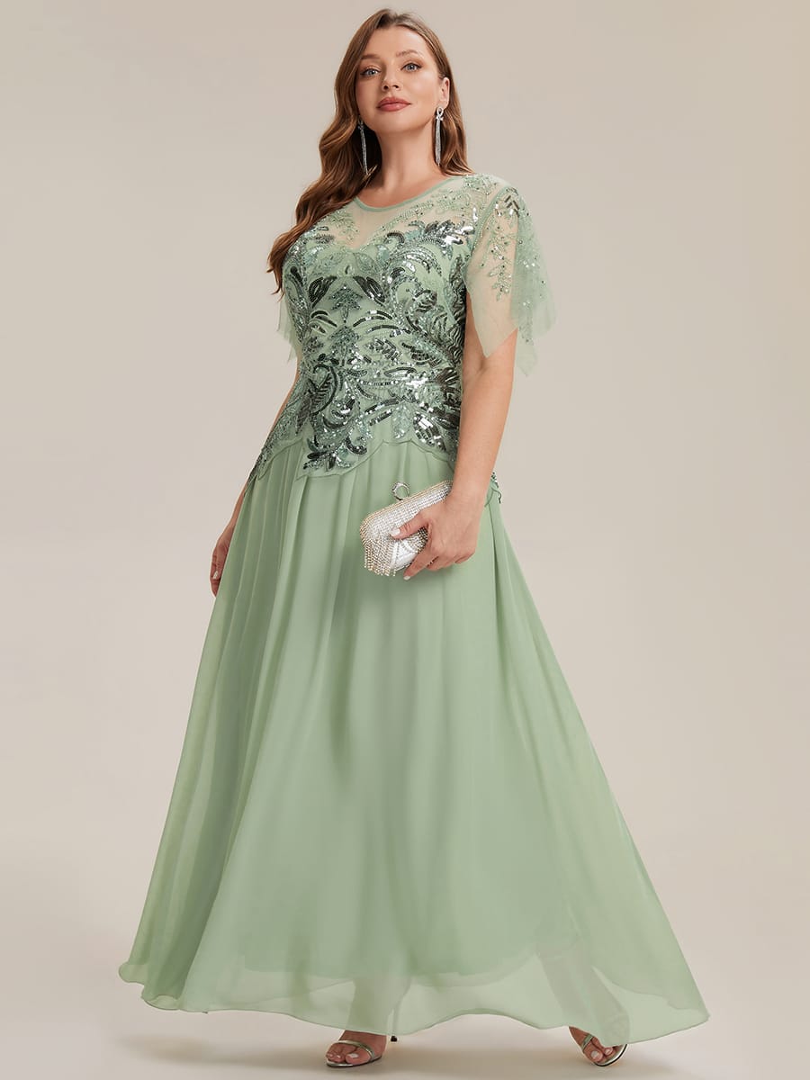 Embroidered Sequin Ruffle Sleeve Dress #color_Mint Green