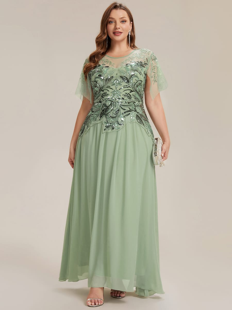 Embroidered Sequin Ruffle Sleeve Dress #color_Mint Green