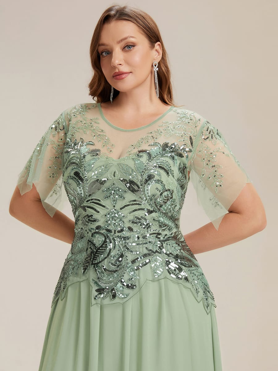 Embroidered Sequin Ruffle Sleeve Dress #color_Mint Green