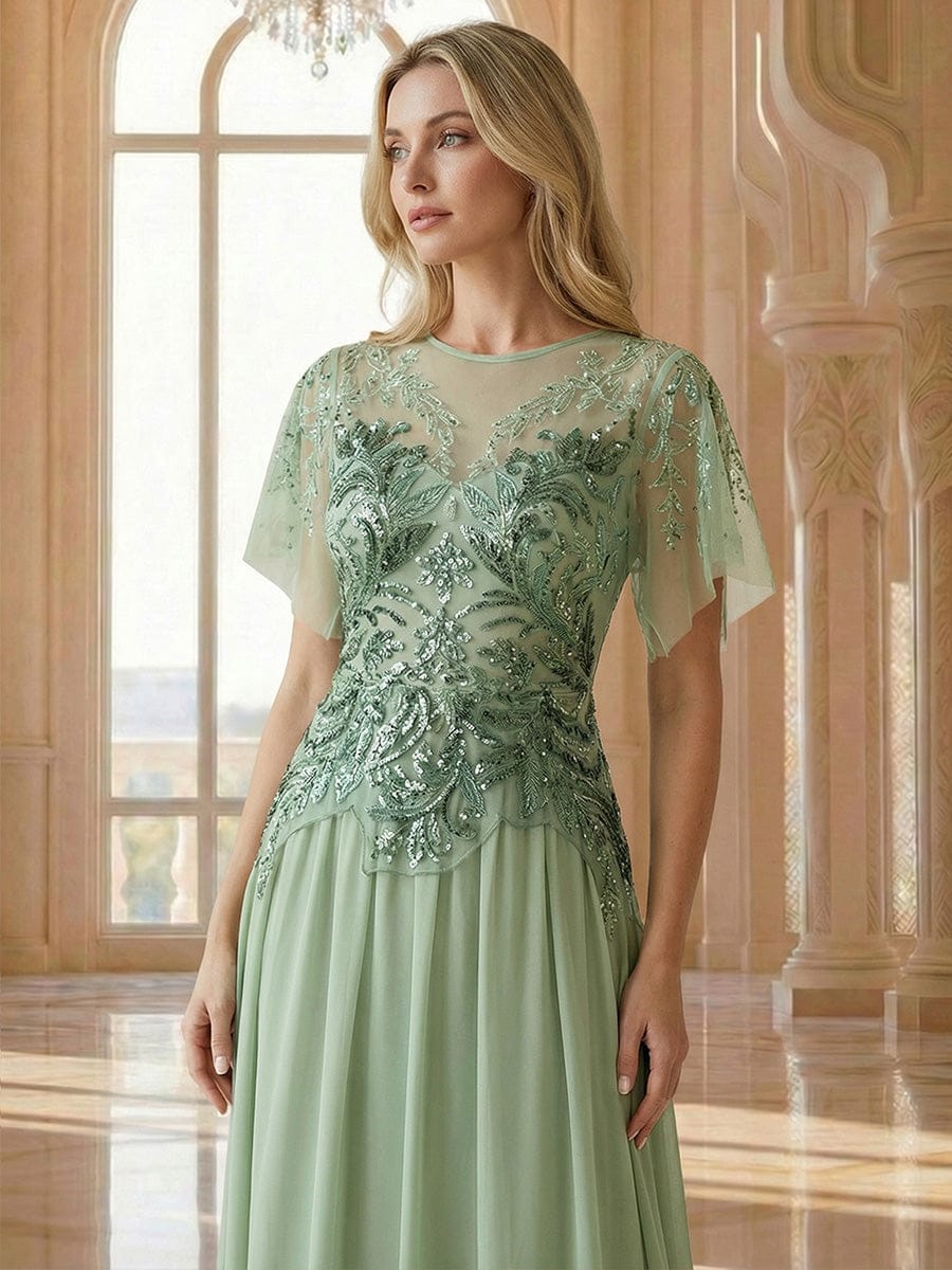 Embroidered Sequin Ruffle Sleeve Dress #color_Mint Green