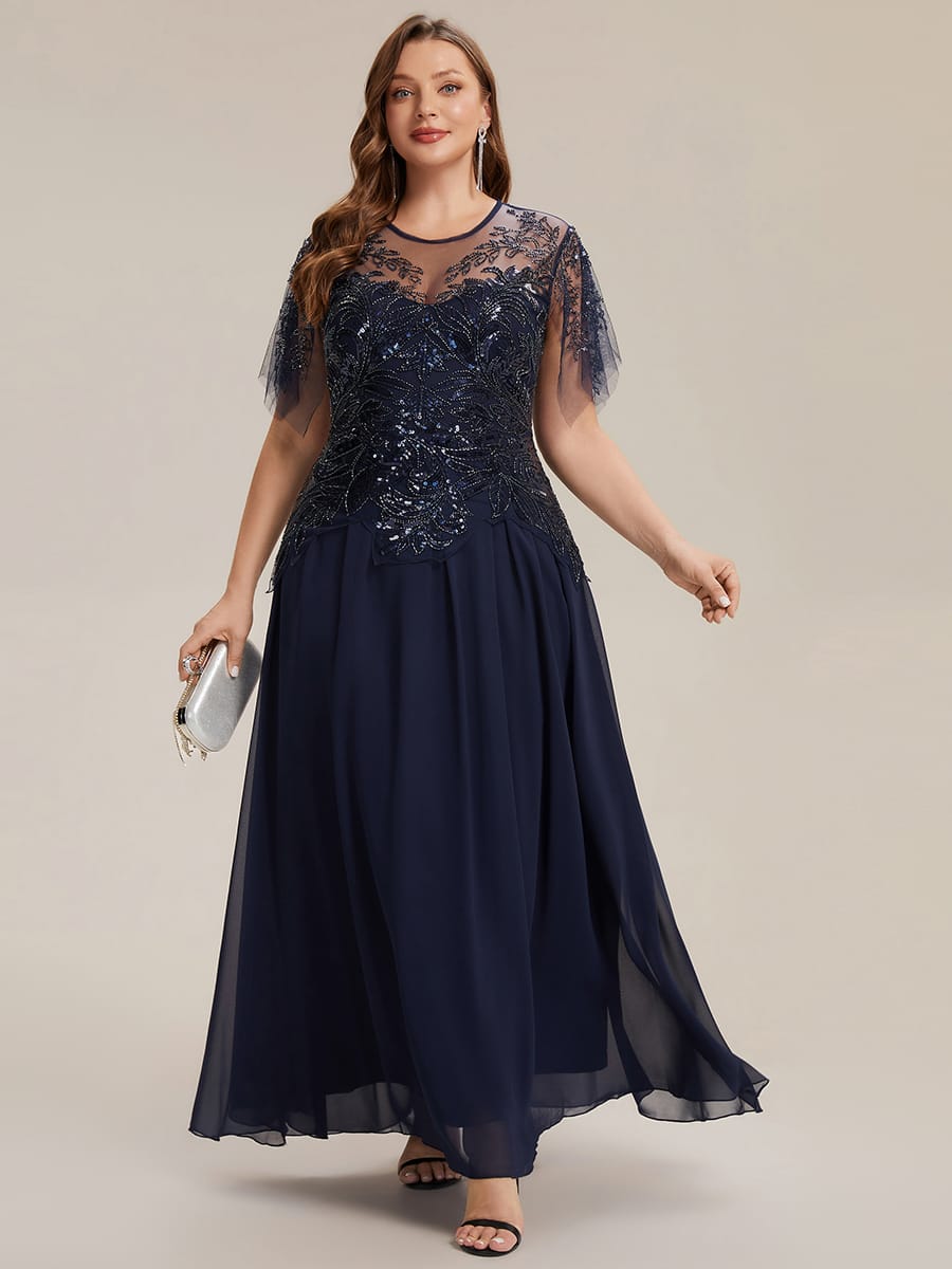 Embroidered Sequin Ruffle Sleeve Dress #color_Navy Blue