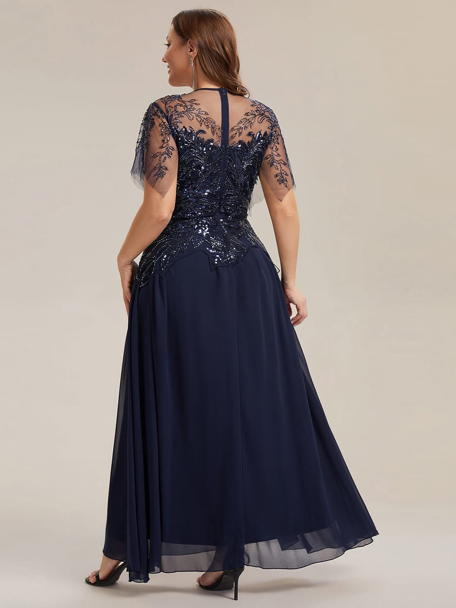 Embroidered Sequin Ruffle Sleeve Dress #color_Navy Blue