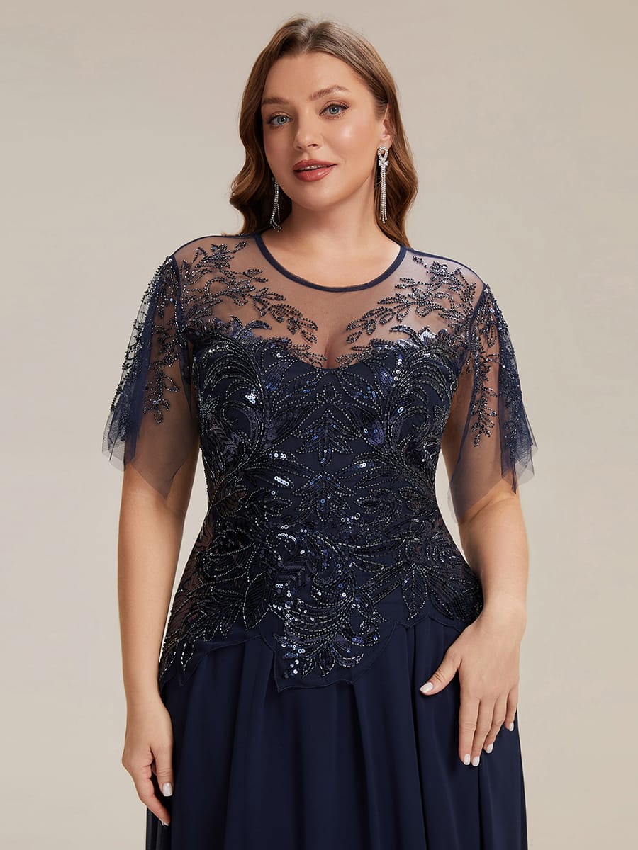 Embroidered Sequin Ruffle Sleeve Dress #color_Navy Blue