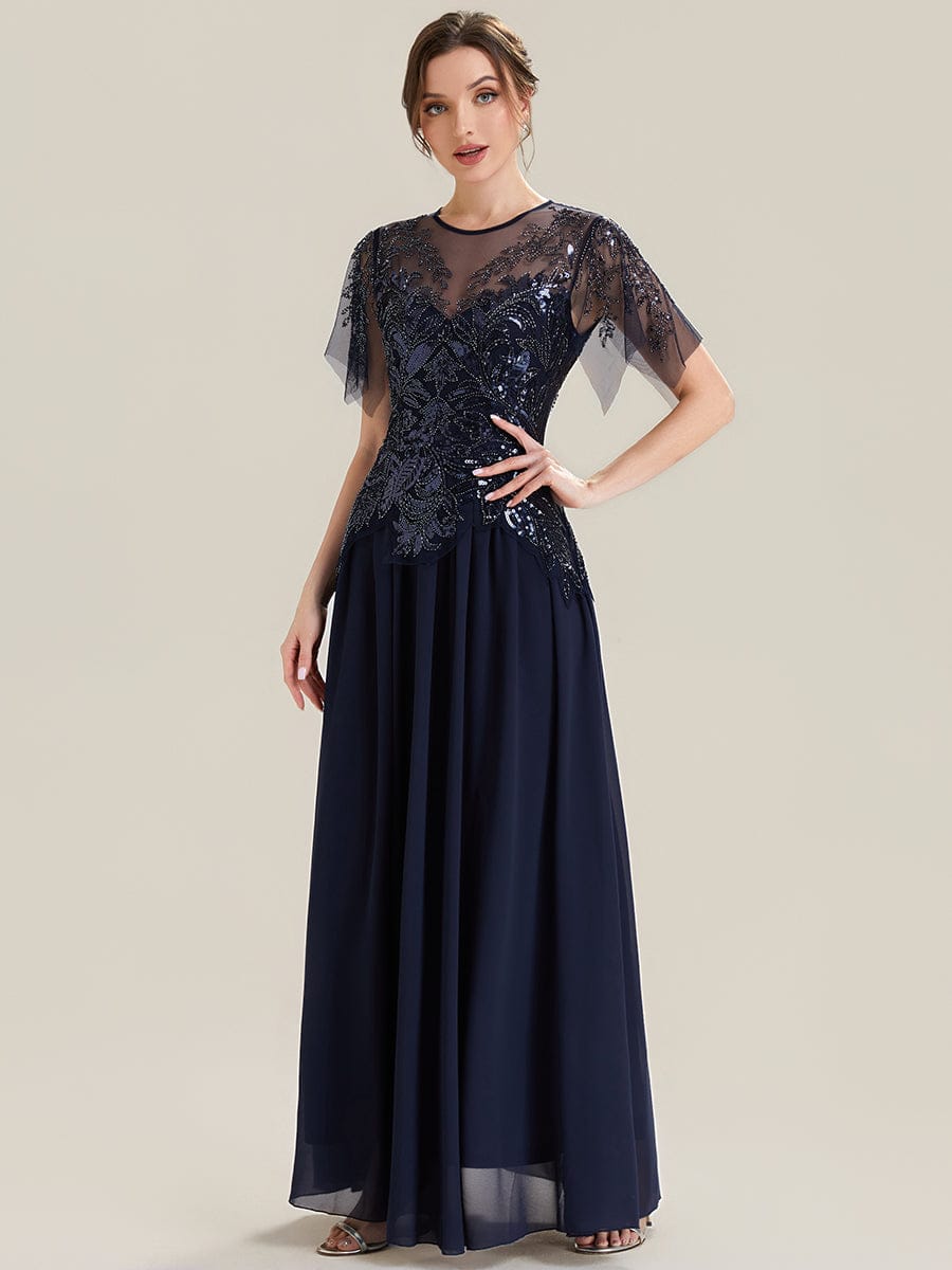 Embroidered Sequin Ruffle Sleeve Dress #color_Navy Blue