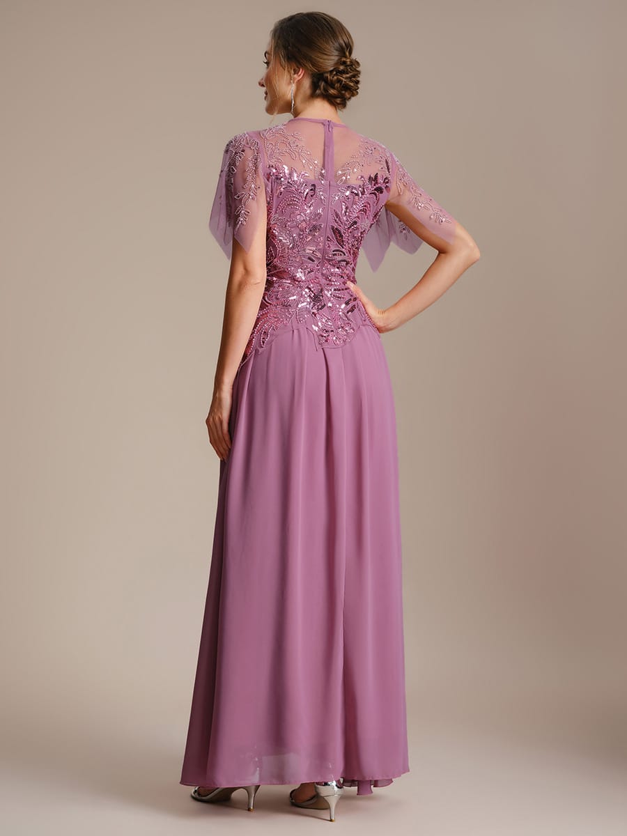 Embroidered Sequin Ruffle Sleeve Dress #color_Purple Orchid