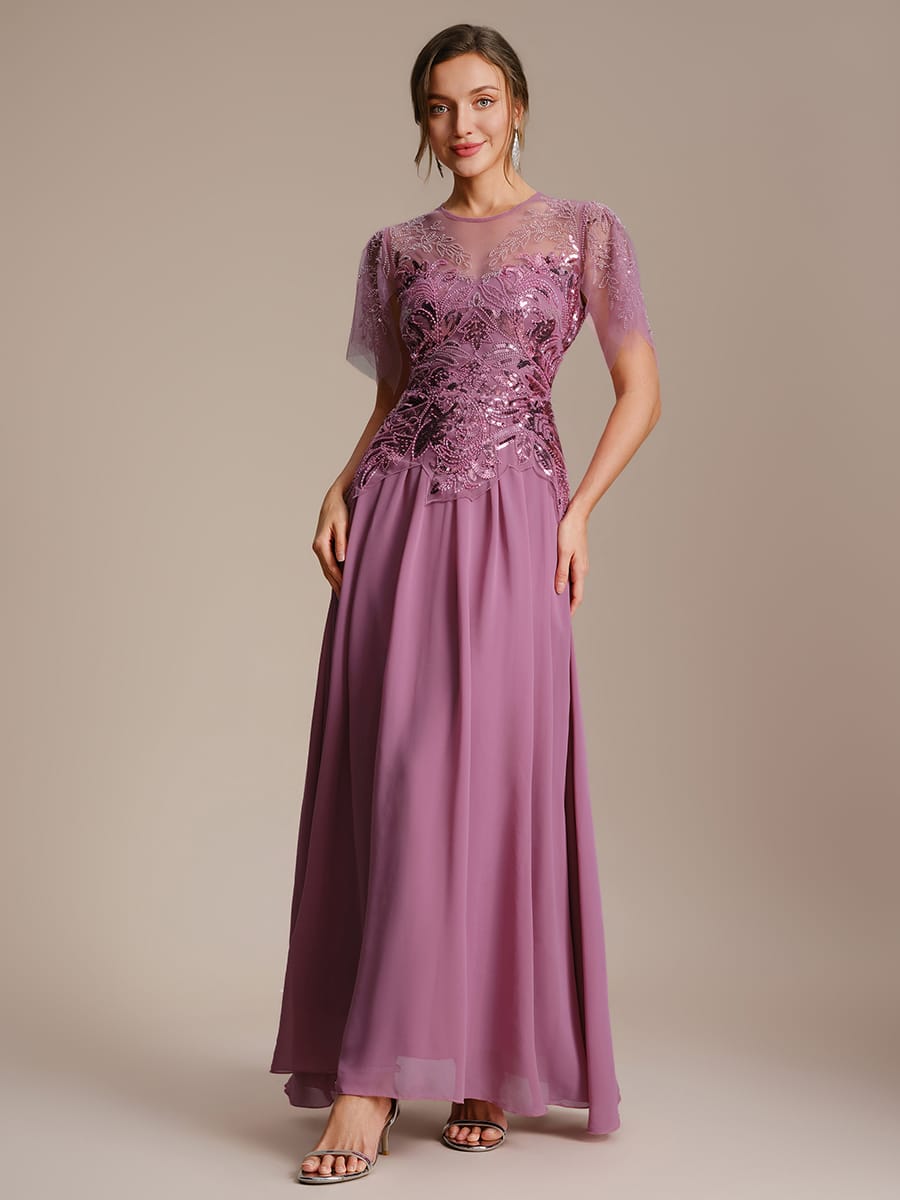 Embroidered Sequin Ruffle Sleeve Dress #color_Purple Orchid