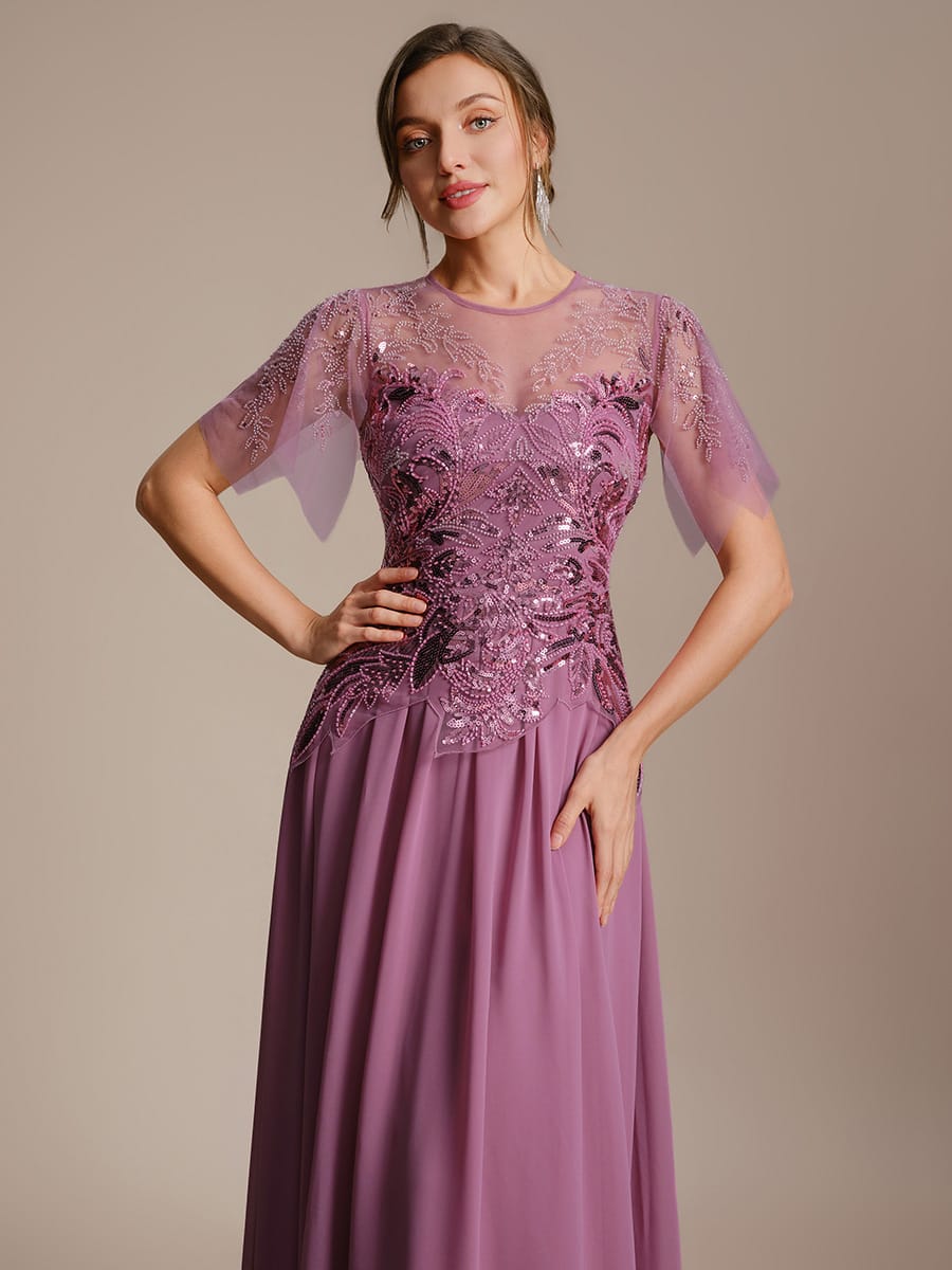 Embroidered Sequin Ruffle Sleeve Dress #color_Purple Orchid