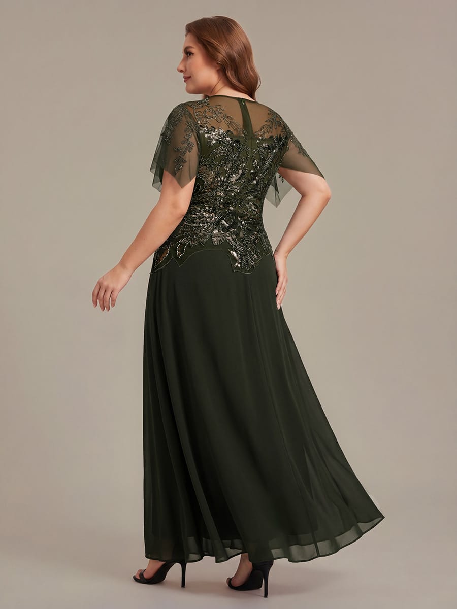 Embroidered Sequin Ruffle Sleeve Dress #color_Olive Green