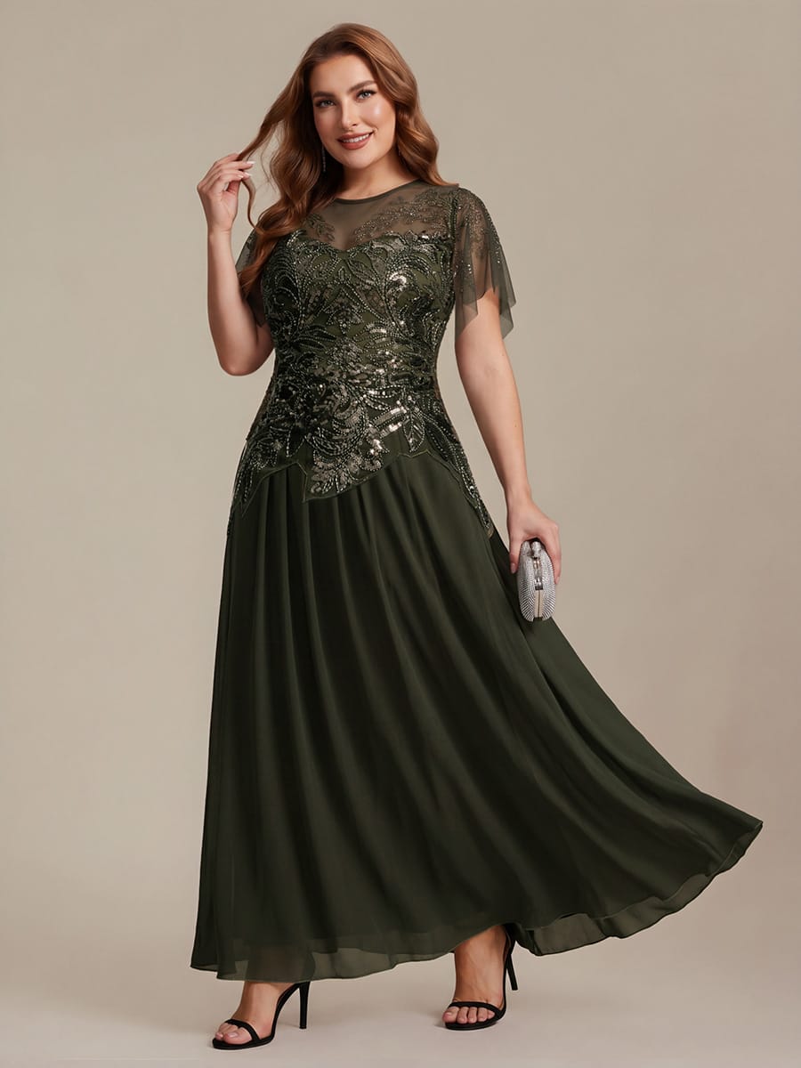 Embroidered Sequin Ruffle Sleeve Dress #color_Olive Green