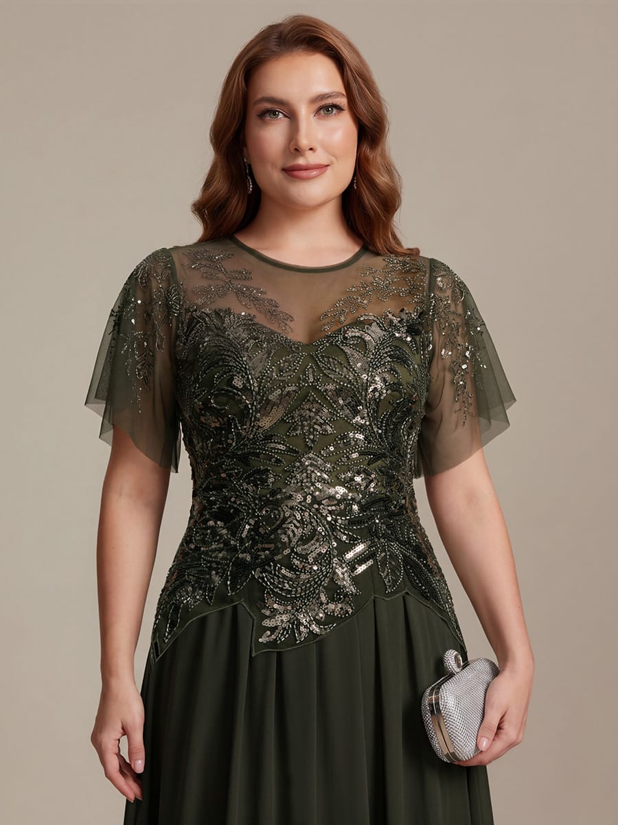 Embroidered Sequin Ruffle Sleeve Dress #color_Olive Green