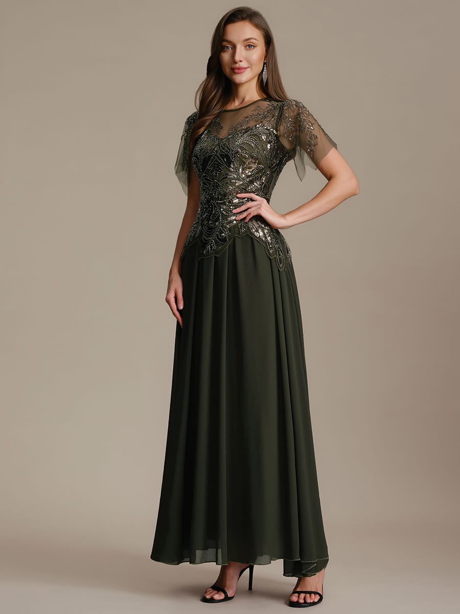 Embroidered Sequin Ruffle Sleeve Dress #color_Olive Green