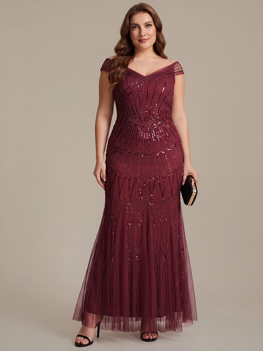 Embroidered Sequin Drop Shoulder Sleeve Dress #color_Burgundy