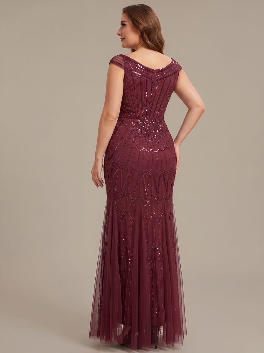 Embroidered Sequin Drop Shoulder Sleeve Dress #color_Burgundy