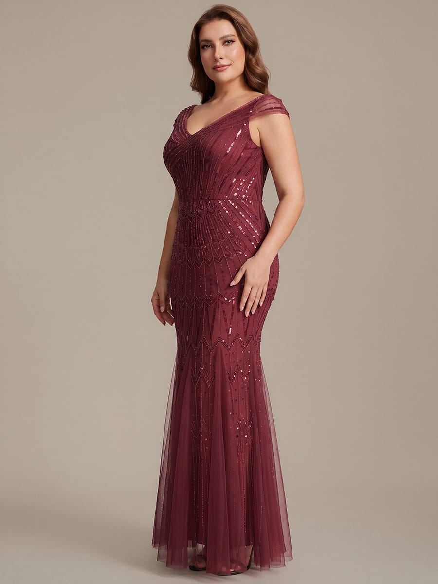 Embroidered Sequin Drop Shoulder Sleeve Dress #color_Burgundy