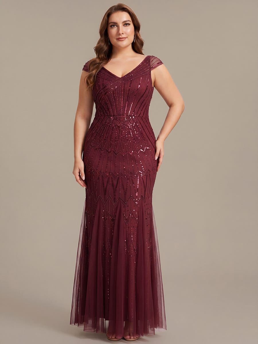 Embroidered Sequin Drop Shoulder Sleeve Dress #color_Burgundy