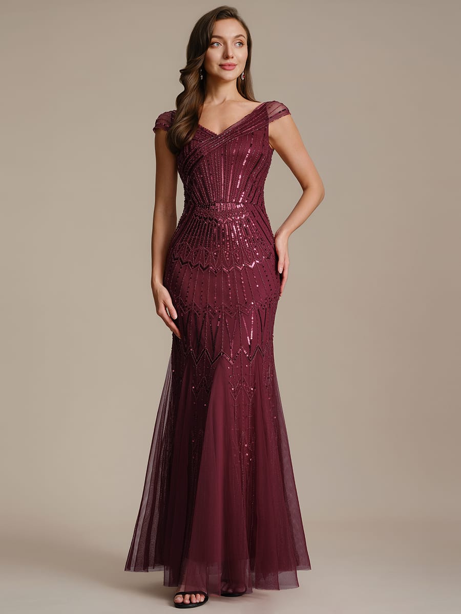 Embroidered Sequin Drop Shoulder Sleeve Dress #color_Burgundy