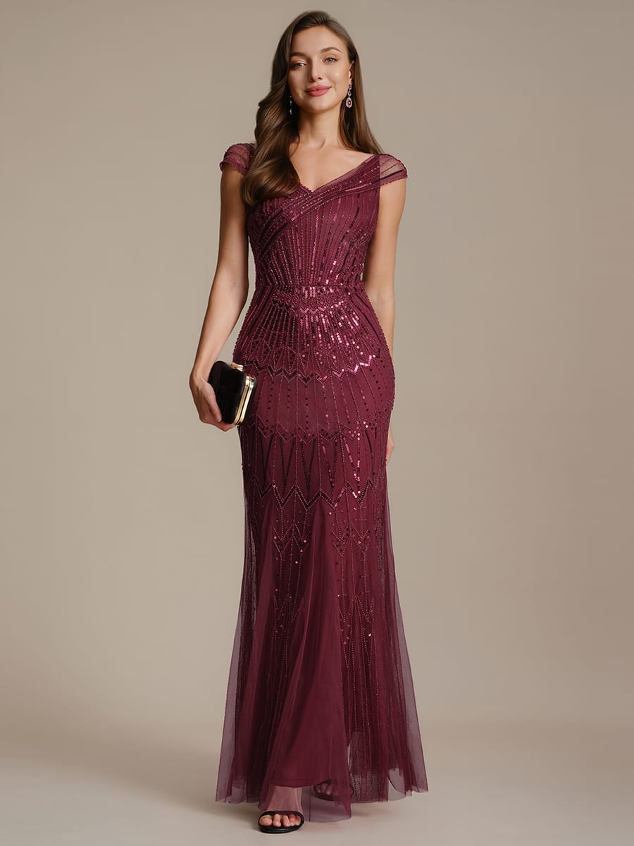Embroidered Sequin Drop Shoulder Sleeve Dress #color_Burgundy