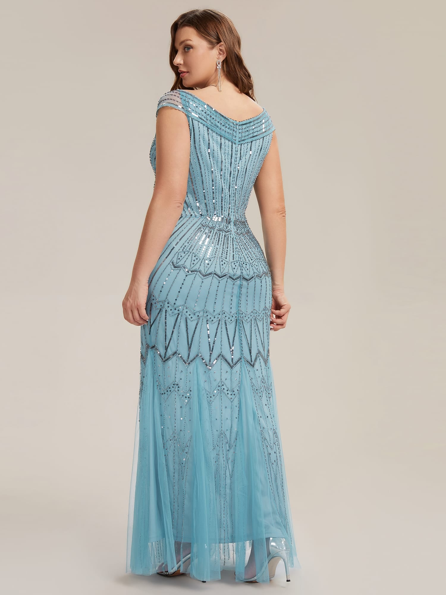 Embroidered Sequin Drop Shoulder Sleeve Dress #color_Sky Blue