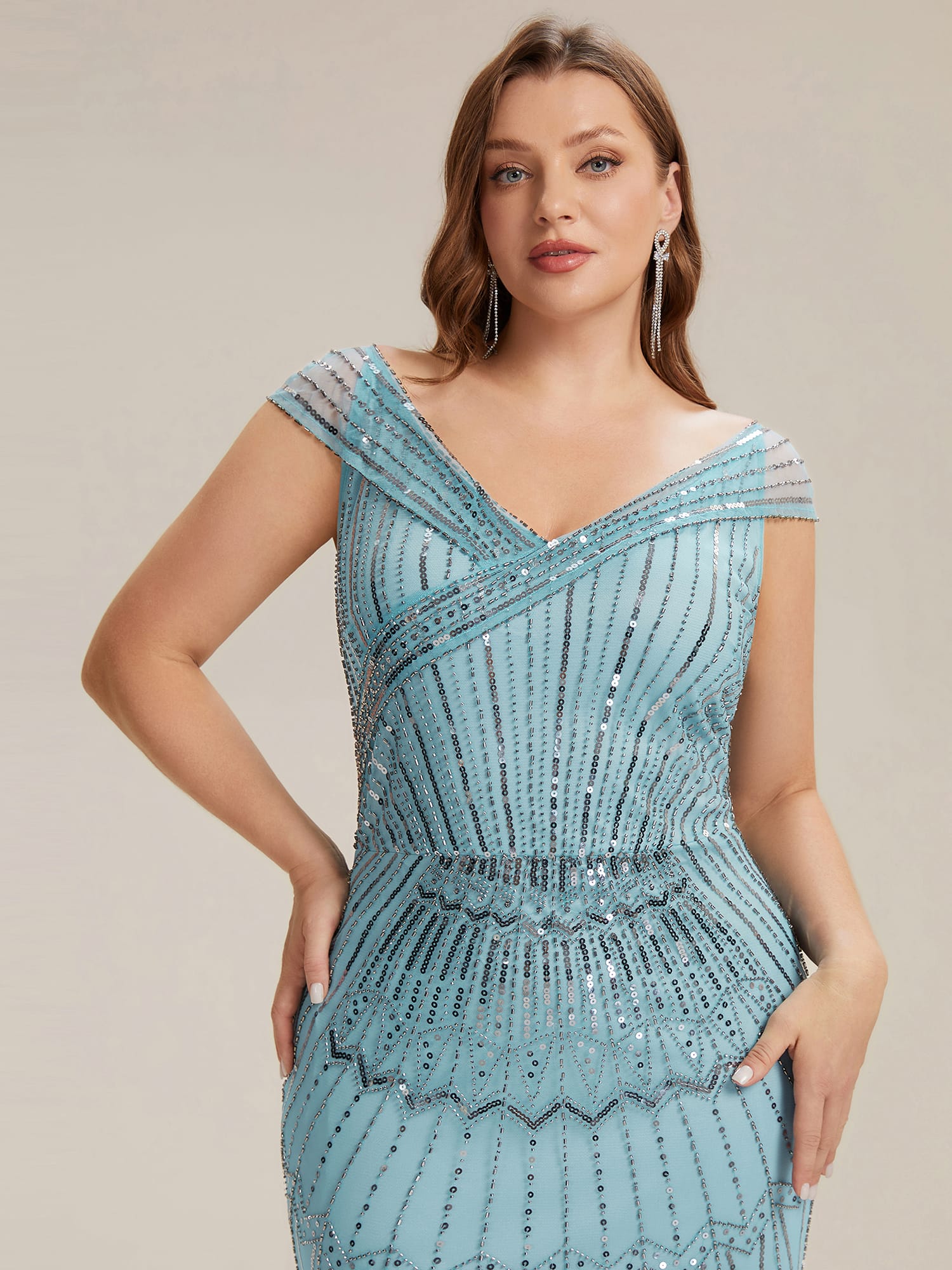 Embroidered Sequin Drop Shoulder Sleeve Dress #color_Sky Blue