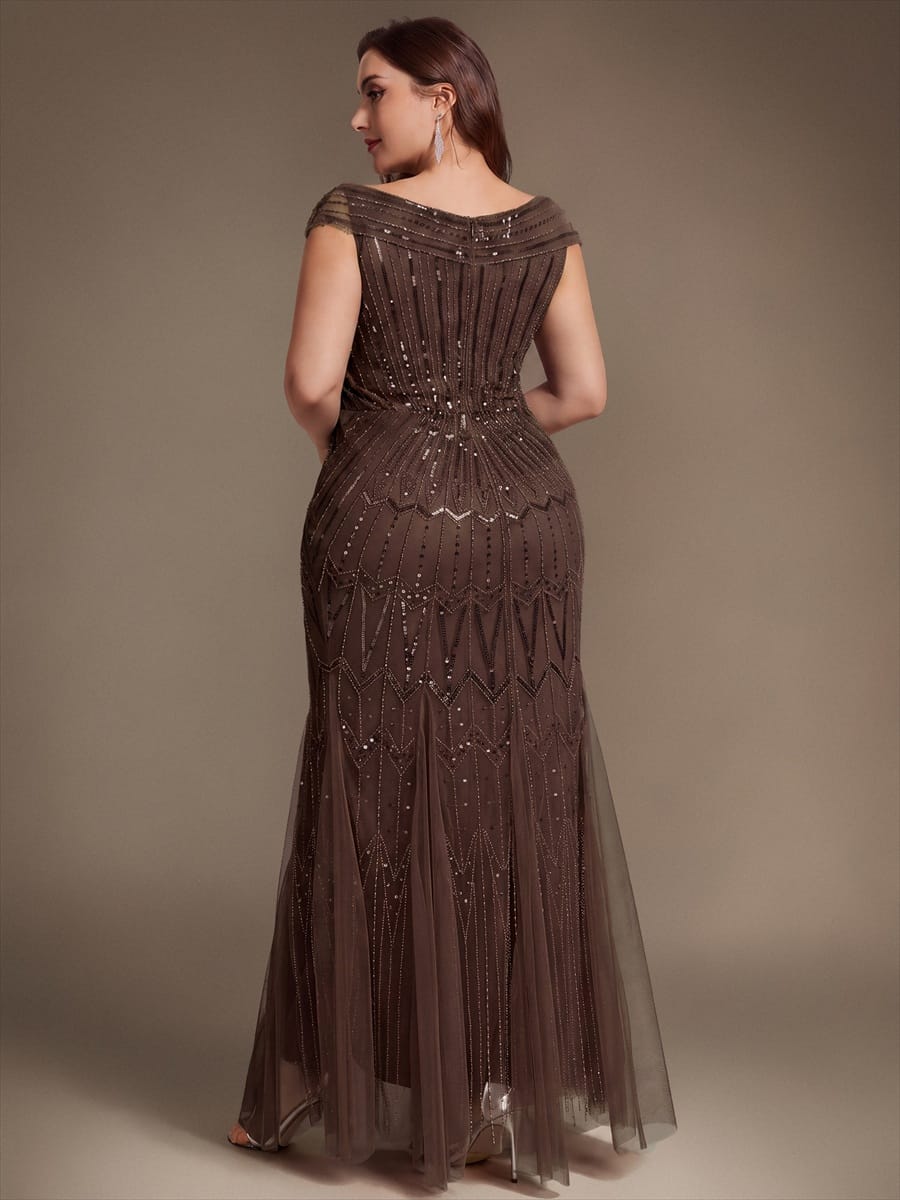 Embroidered Sequin Drop Shoulder Sleeve Dress #color_Brown