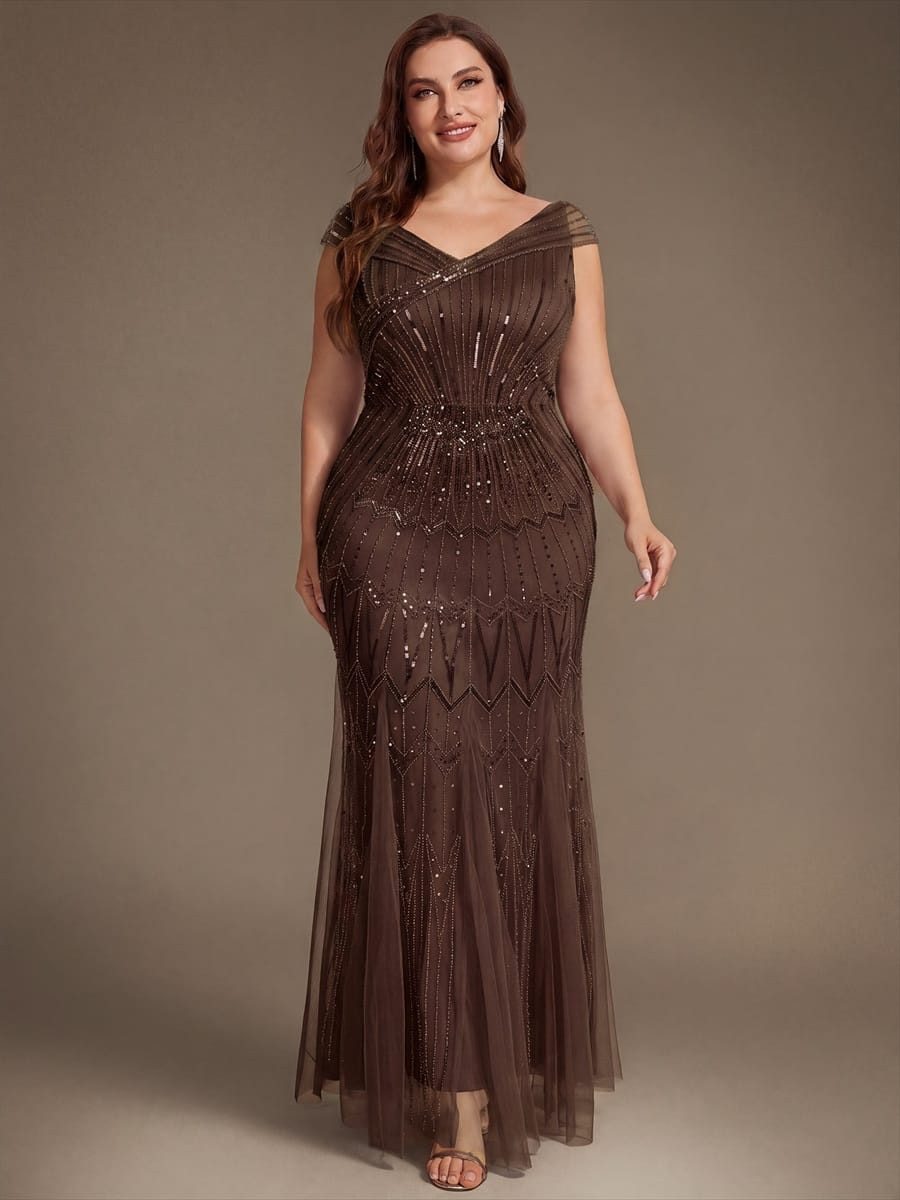 Embroidered Sequin Drop Shoulder Sleeve Dress #color_Brown