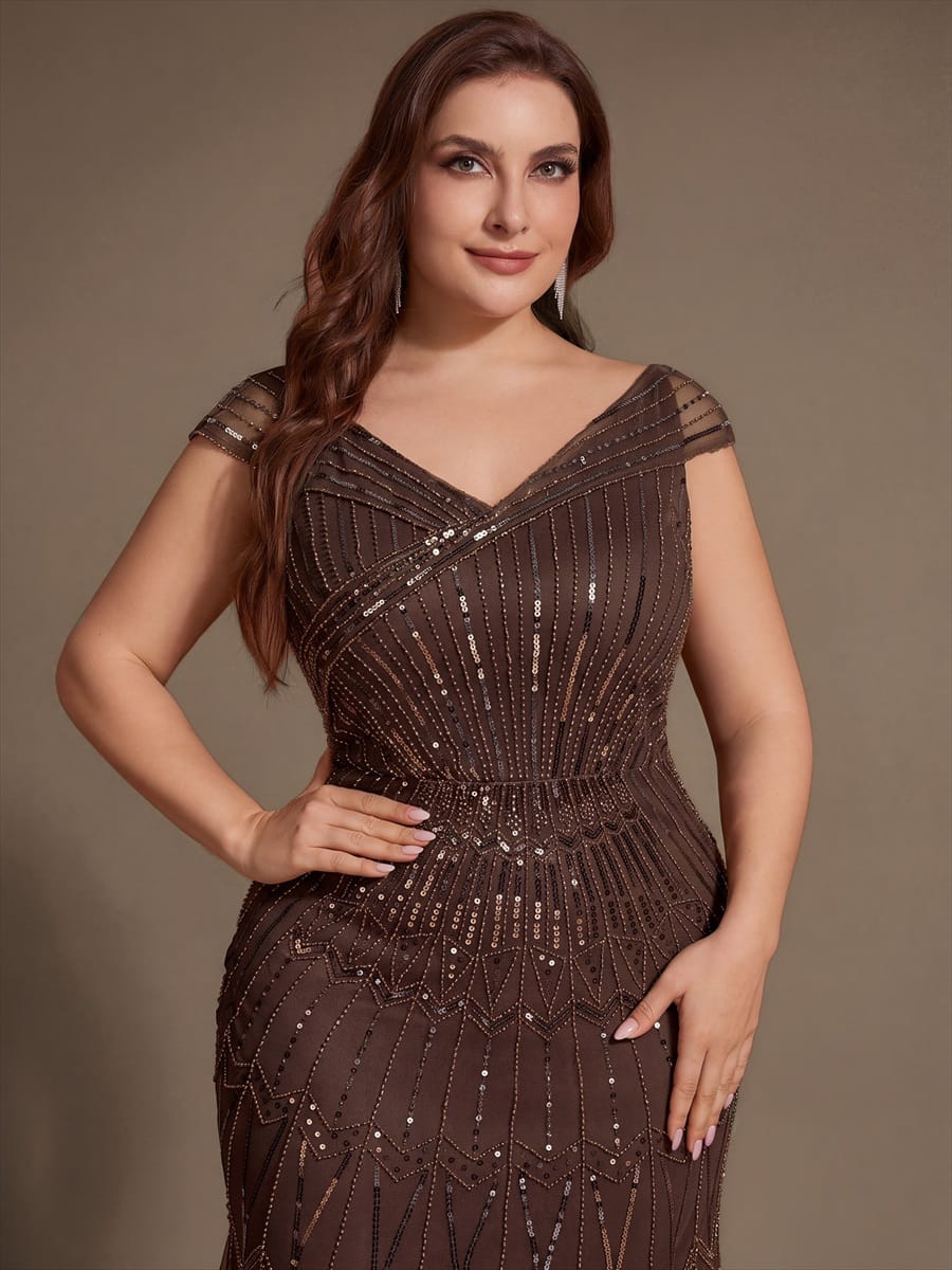 Embroidered Sequin Drop Shoulder Sleeve Dress #color_Brown