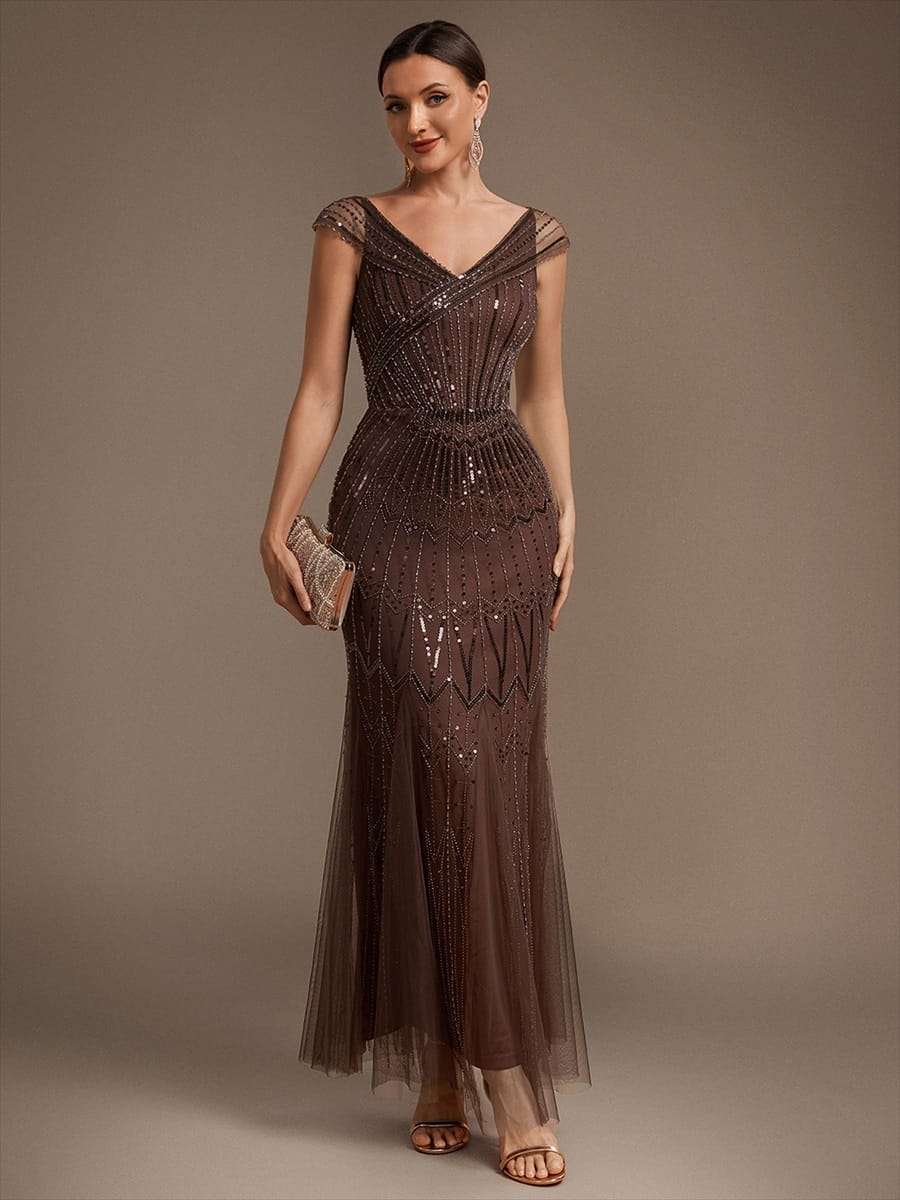 Embroidered Sequin Drop Shoulder Sleeve Dress #color_Brown