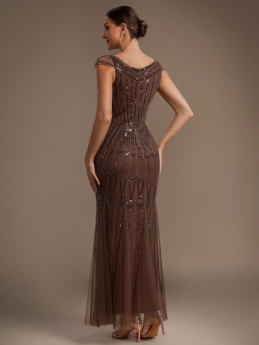 Embroidered Sequin Drop Shoulder Sleeve Dress #color_Brown