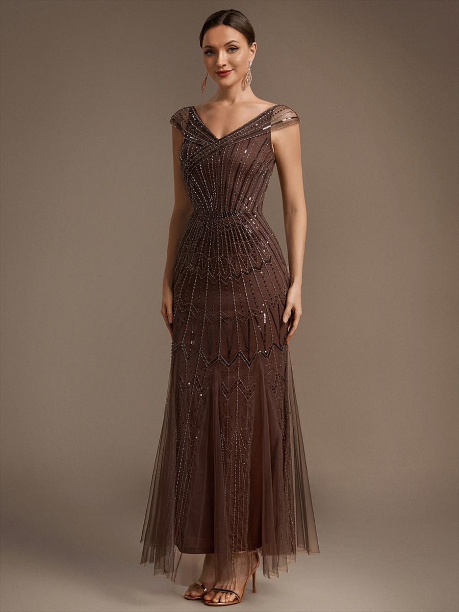 Embroidered Sequin Drop Shoulder Sleeve Dress #color_Brown