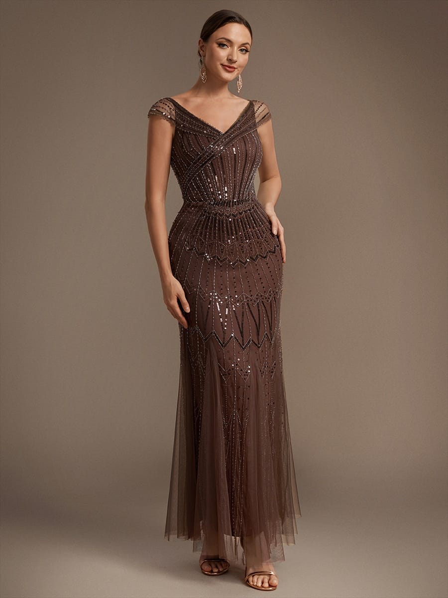Embroidered Sequin Drop Shoulder Sleeve Dress #color_Brown