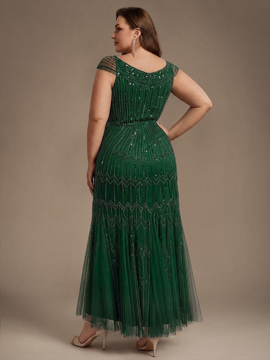 Embroidered Sequin Drop Shoulder Sleeve Dress #color_Dark Green
