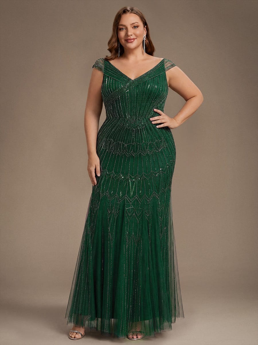 Embroidered Sequin Drop Shoulder Sleeve Dress #color_Dark Green