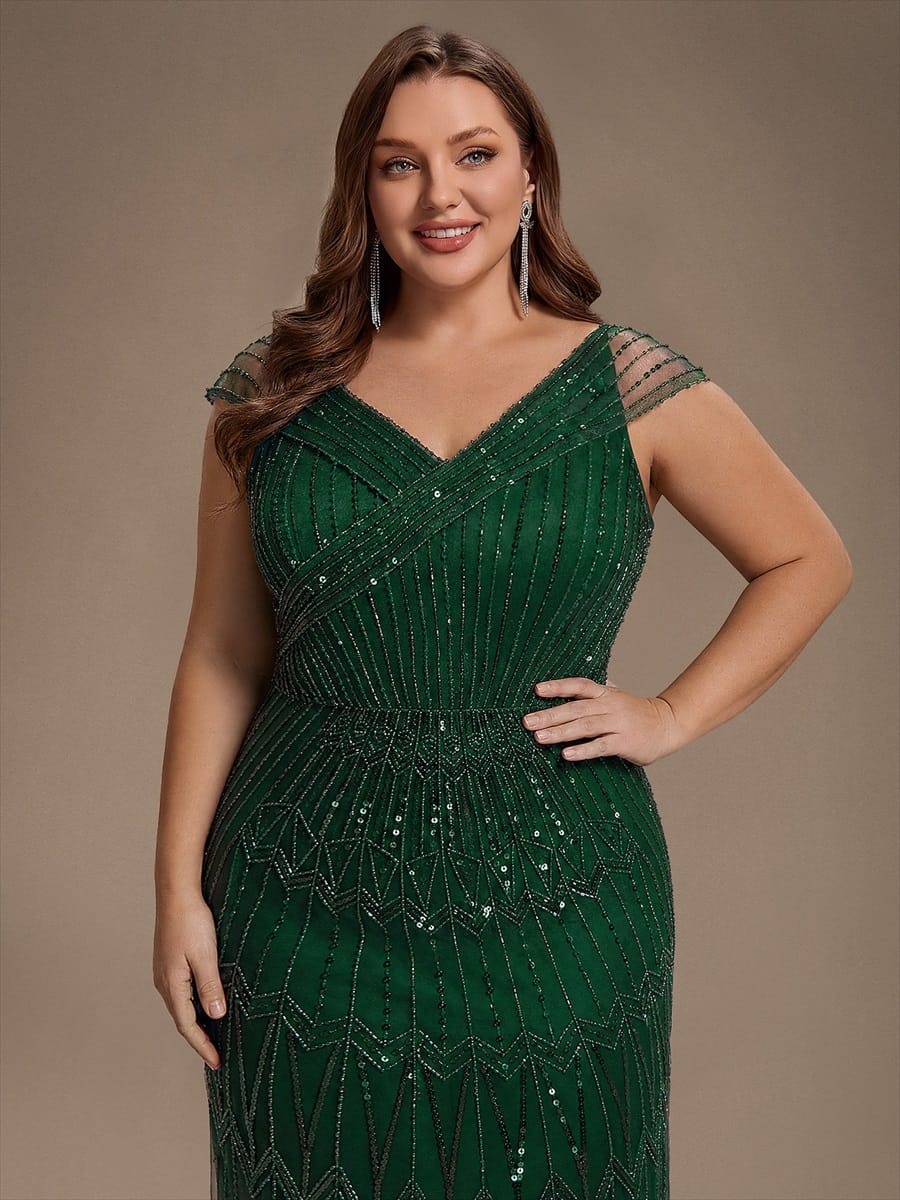 Embroidered Sequin Drop Shoulder Sleeve Dress #color_Dark Green