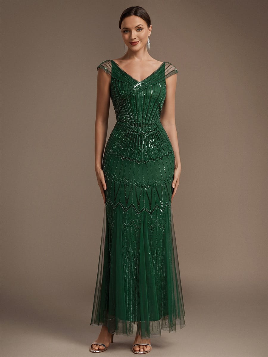 Embroidered Sequin Drop Shoulder Sleeve Dress #color_Dark Green