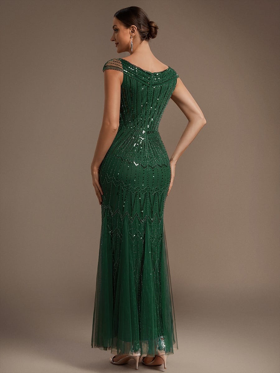 Embroidered Sequin Drop Shoulder Sleeve Dress #color_Dark Green