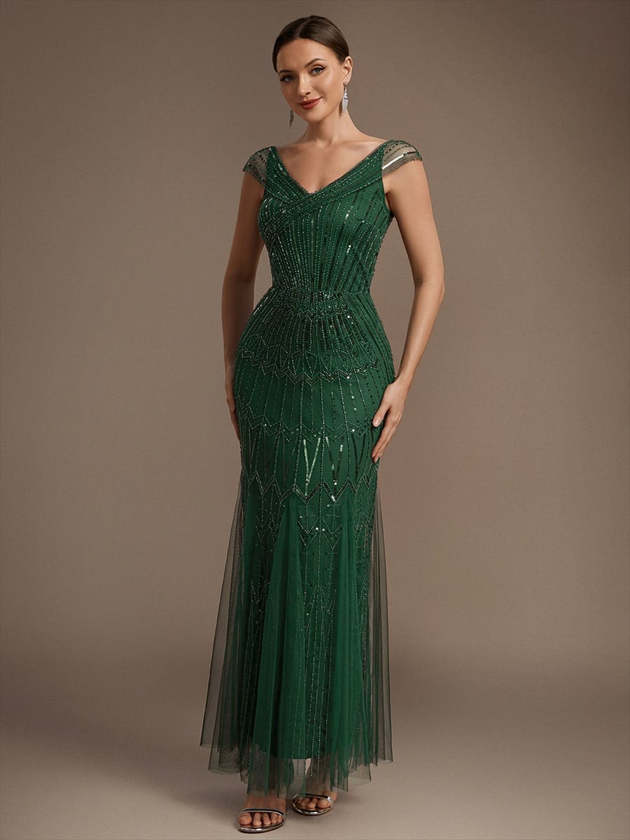 Embroidered Sequin Drop Shoulder Sleeve Dress #color_Dark Green