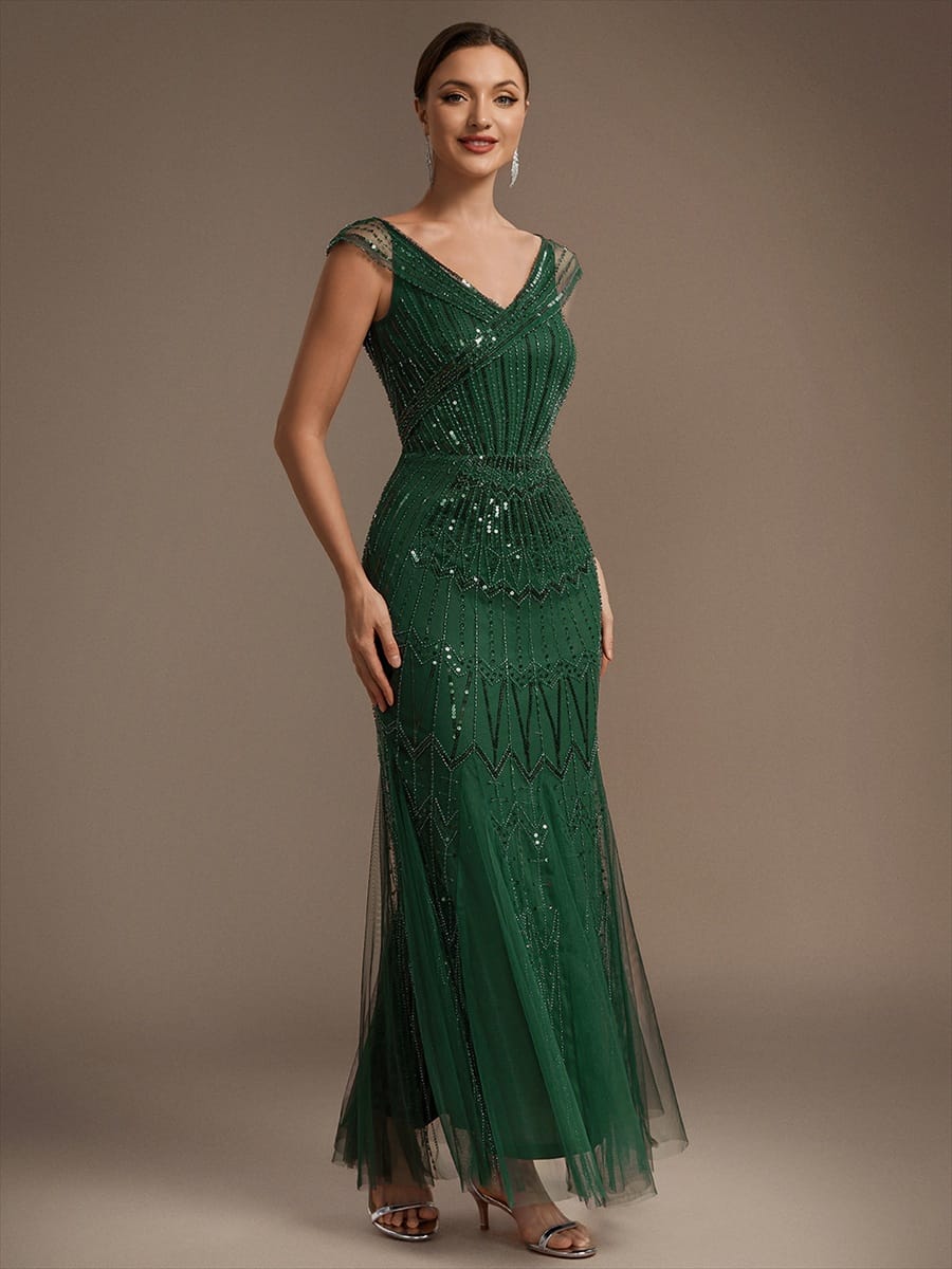 Embroidered Sequin Drop Shoulder Sleeve Dress #color_Dark Green